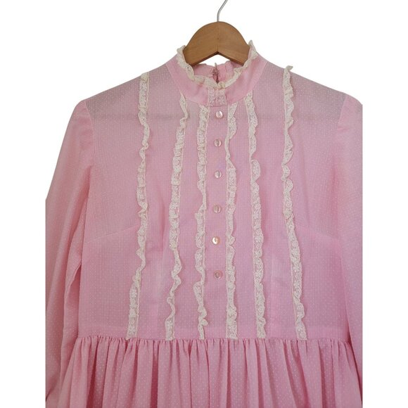 Vintage Pink Prairie Long Sleeve Dress w/ Lace Trim & Ruffle Details Women's M - Picture 3 of 9